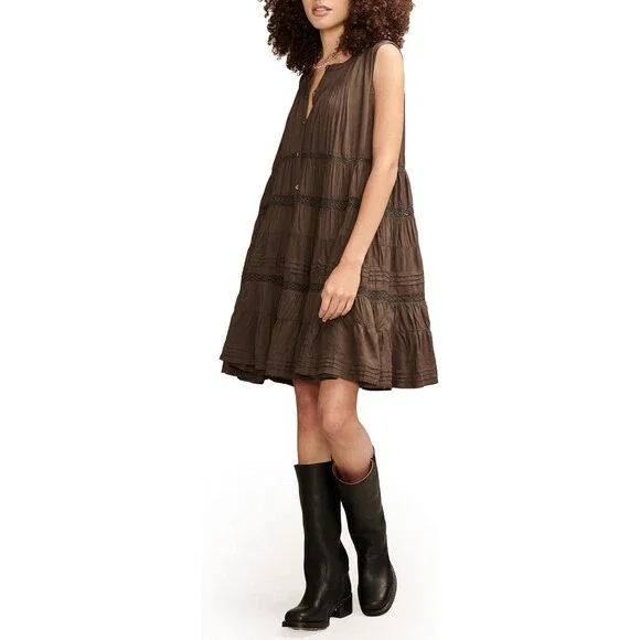 Lucky Brand Everyday Swing Mini Dress Women's S Raven Pleated Split Neck RED1015 - Picture 6 of 8